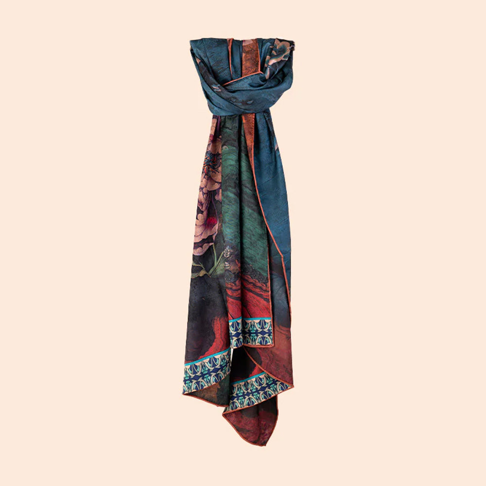 DOUBLE DAMASK SCARF WITH PEONY AND DARK GREEN BACKGROUND