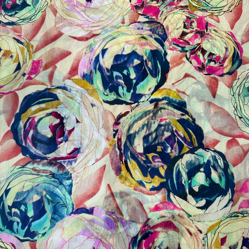 SCIARPA FOULARD IN SETA GRANDE CON ROSE DIPINTE PER BLOCCHI DI COLORE
