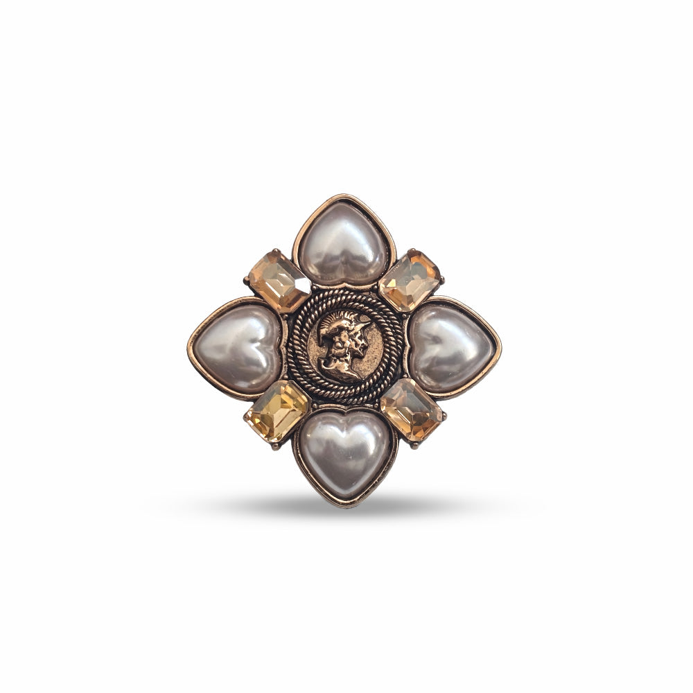 SPILLA CON MONETA CENTRALE PERLE A CUORE E STRASS