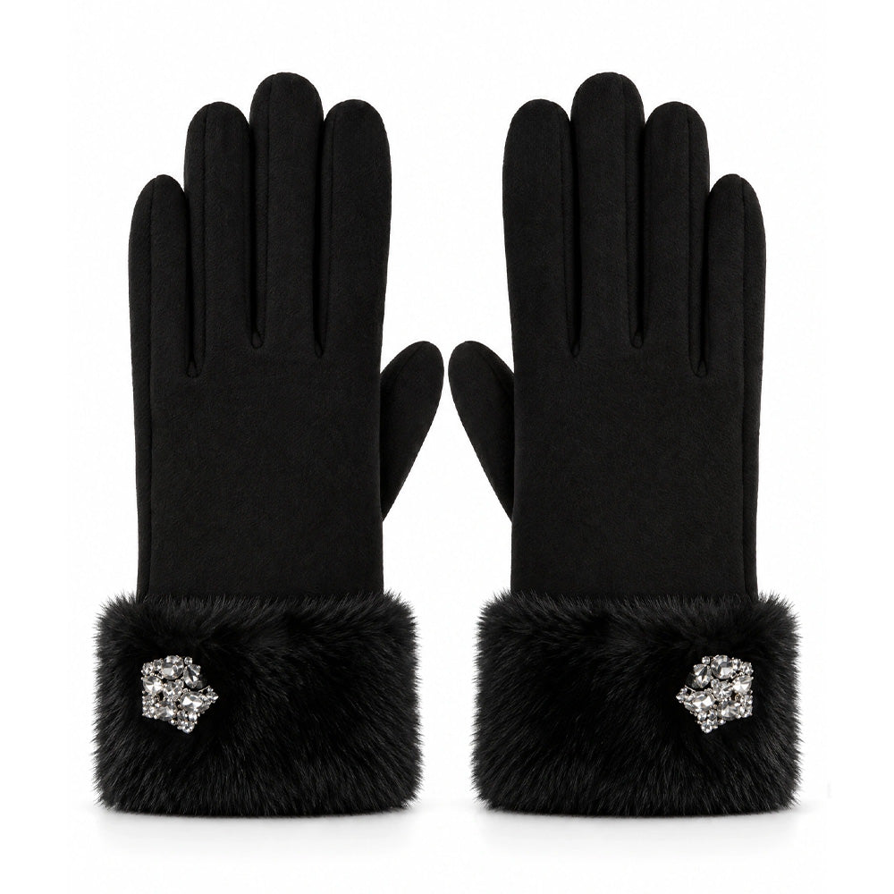 GUANTI IN TESSUTO CON ECO FUR E DECORAZIONE A FIORE