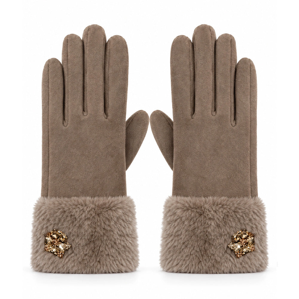 GUANTI IN TESSUTO CON ECO FUR E DECORAZIONE A FIORE