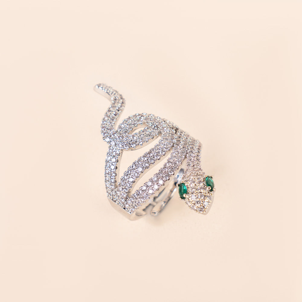 ANELLO REGOLABILE A SERPENTE GRANDE CON STRASS E OCCHI VERDI