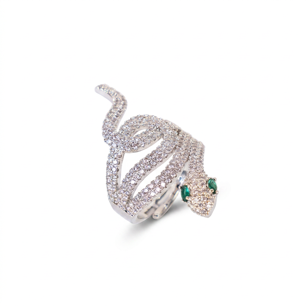 ANELLO REGOLABILE A SERPENTE GRANDE CON STRASS E OCCHI VERDI