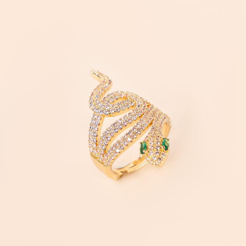 ANELLO REGOLABILE A SERPENTE GRANDE CON STRASS E OCCHI VERDI