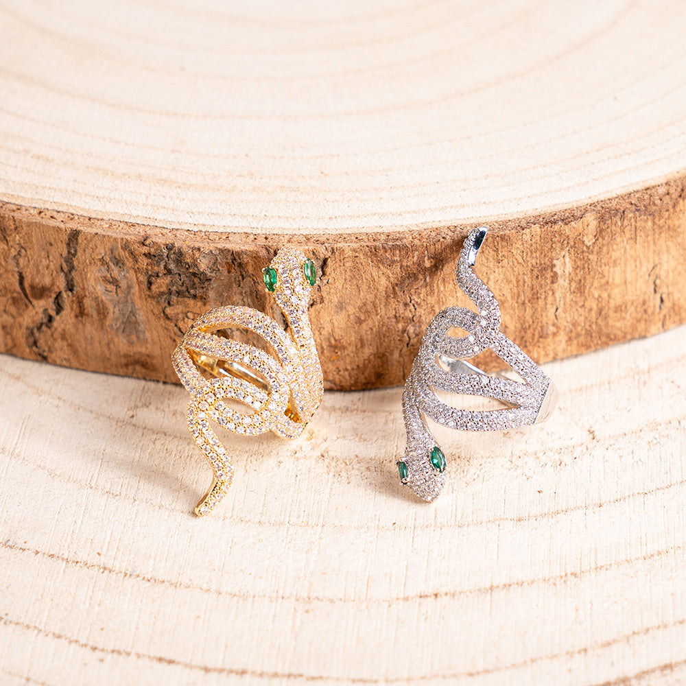 ANELLO REGOLABILE A SERPENTE GRANDE CON STRASS E OCCHI VERDI
