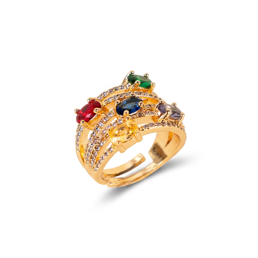 ANELLO A FASCIA CON FILE DI STRASS E PIETRE GRANDI COLORATE