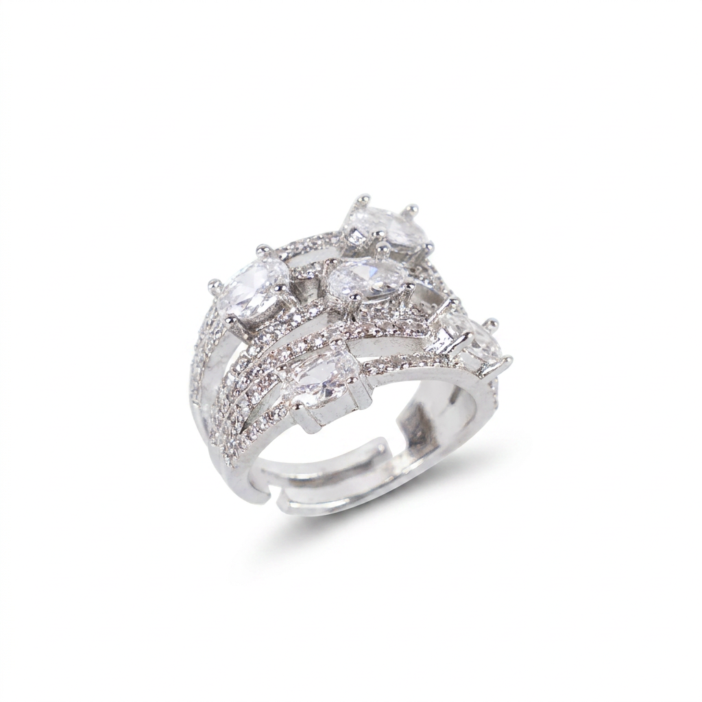 ANELLO A FASCIA CON FILE DI STRASS E PIETRE GRANDI COLORATE