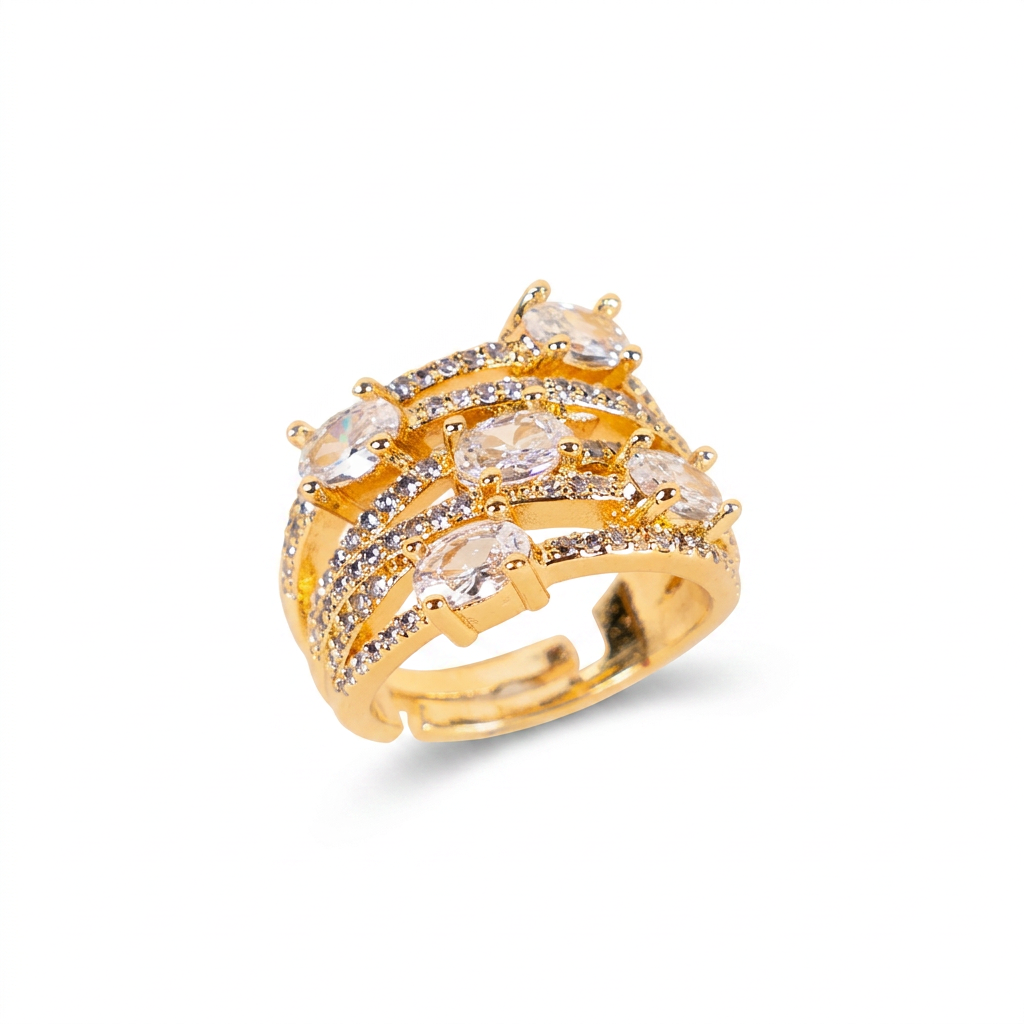 ANELLO A FASCIA CON FILE DI STRASS E PIETRE GRANDI COLORATE