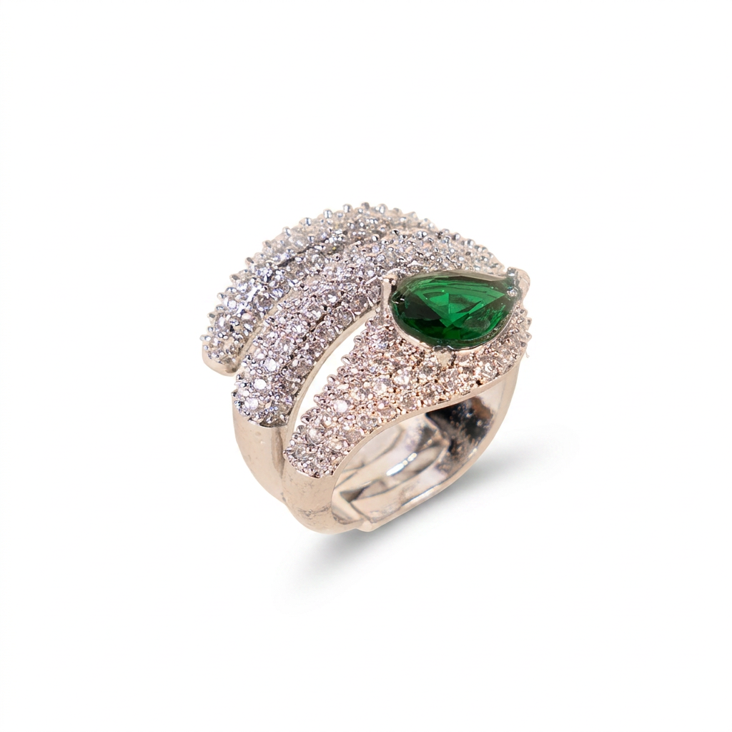 ANELLO REGOLABILE A SERPENTE CON TRE FASCE DI STRASS E TESTA VERDE
