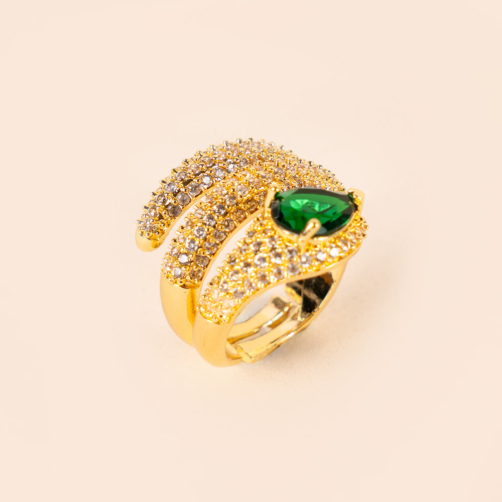 ANELLO REGOLABILE A SERPENTE CON TRE FASCE DI STRASS E TESTA VERDE