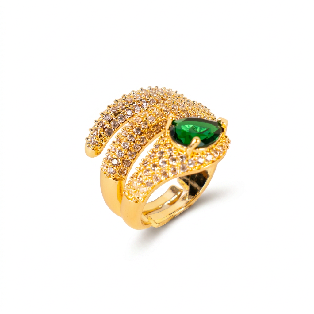 ANELLO REGOLABILE A SERPENTE CON TRE FASCE DI STRASS E TESTA VERDE