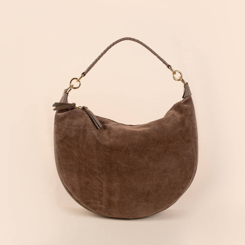 BORSA A SPALLA SCAMOSCIATA A MEZZA LUNA E MANICO ARROTOLATO
