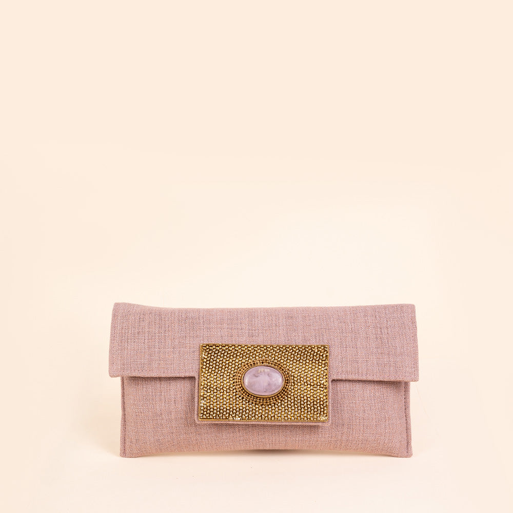 BORSA POCHETTE CLUTCH IN TESSUTO CON DETTAGLIO LAVORATO E PIETRA CENTRALE