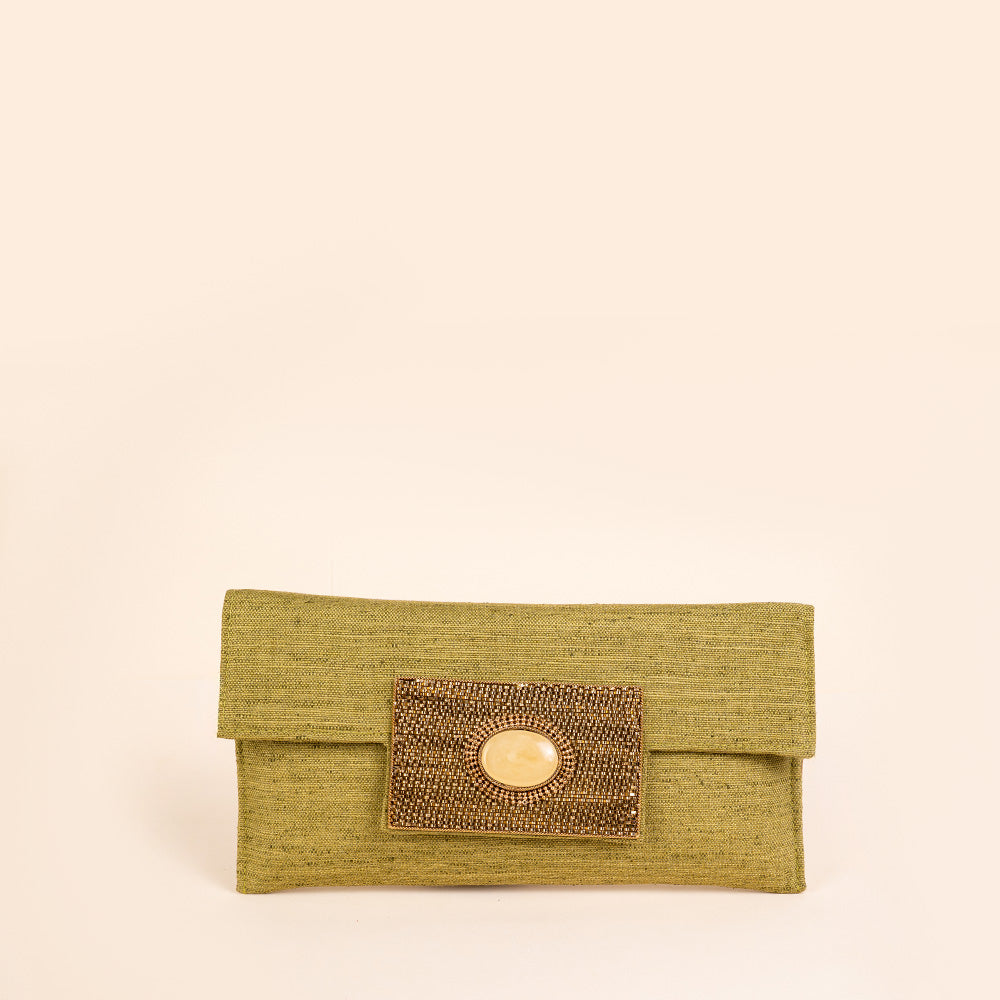 BORSA POCHETTE CLUTCH IN TESSUTO CON DETTAGLIO LAVORATO E PIETRA CENTRALE