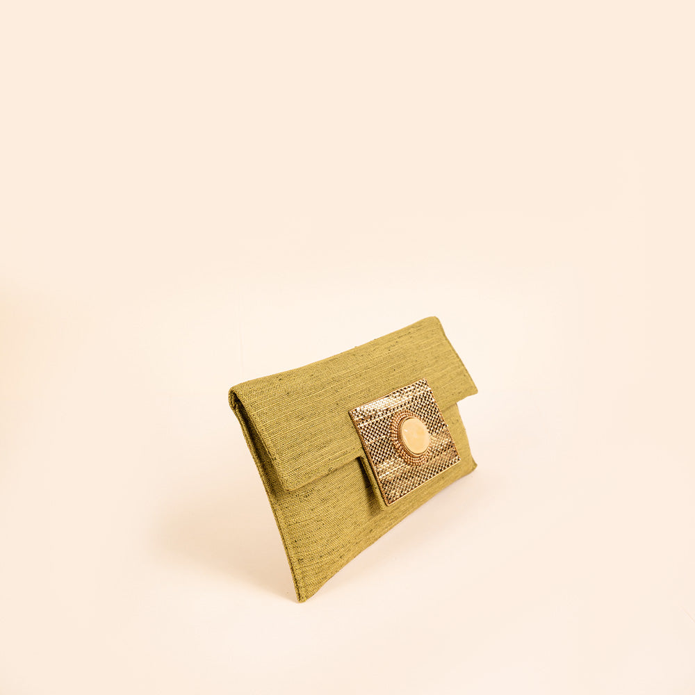 BORSA POCHETTE CLUTCH IN TESSUTO CON DETTAGLIO LAVORATO E PIETRA CENTRALE