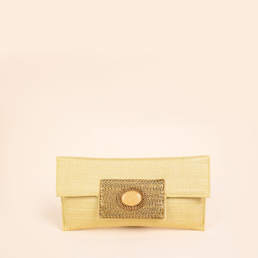 BORSA POCHETTE CLUTCH IN TESSUTO A MAGLIA LARGA CON PIETRA CENTRALE