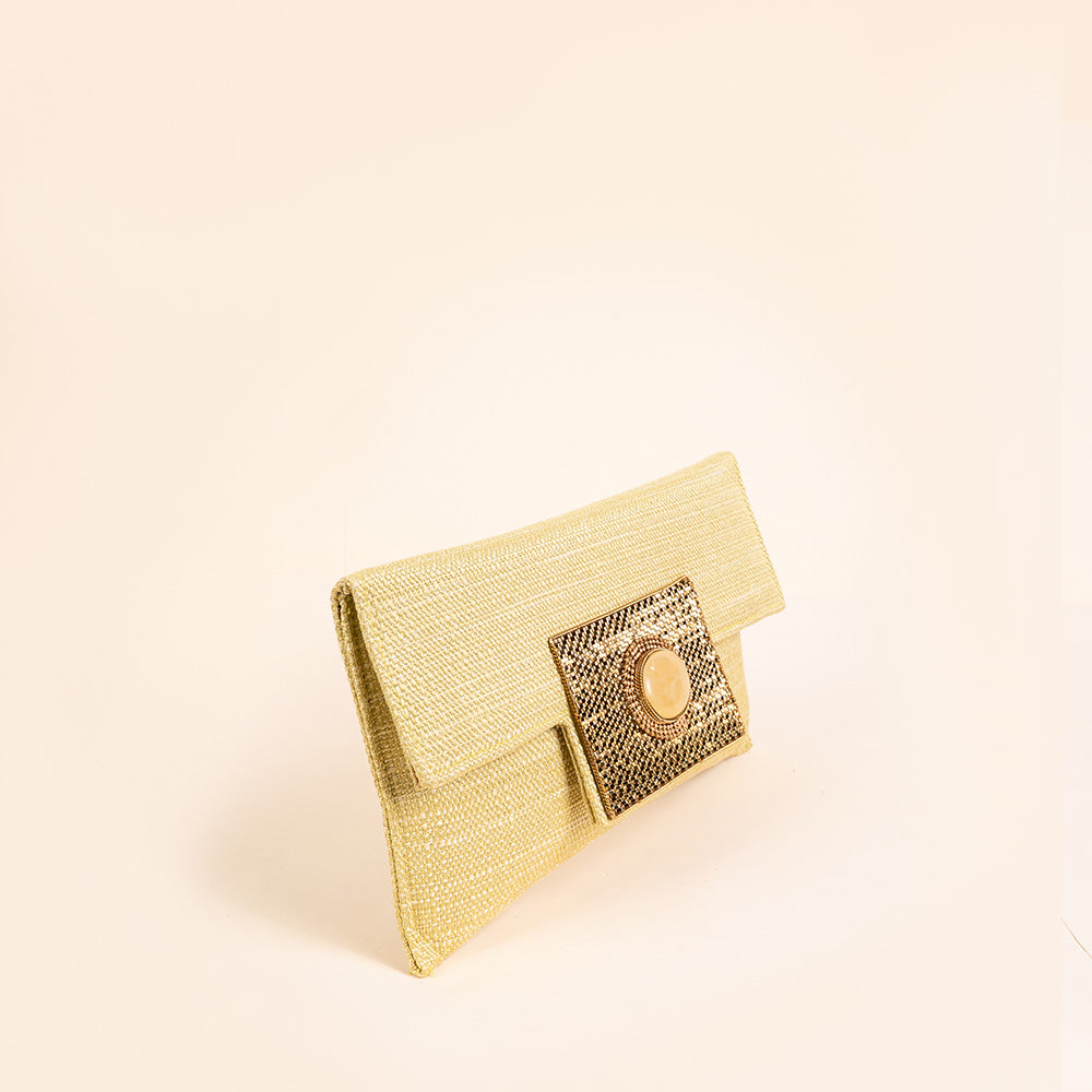 BORSA POCHETTE CLUTCH IN TESSUTO A MAGLIA LARGA CON PIETRA CENTRALE