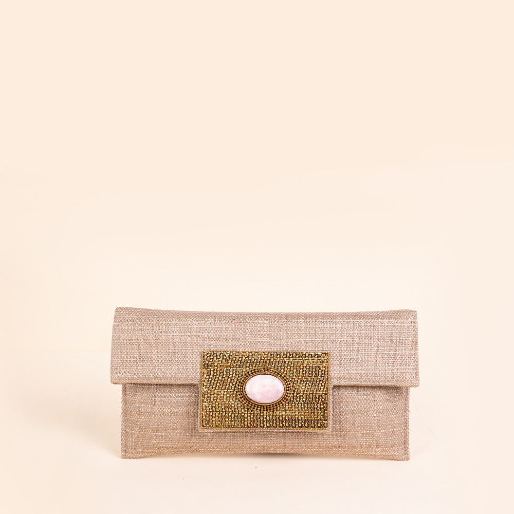 BORSA POCHETTE CLUTCH IN TESSUTO A MAGLIA LARGA CON PIETRA CENTRALE