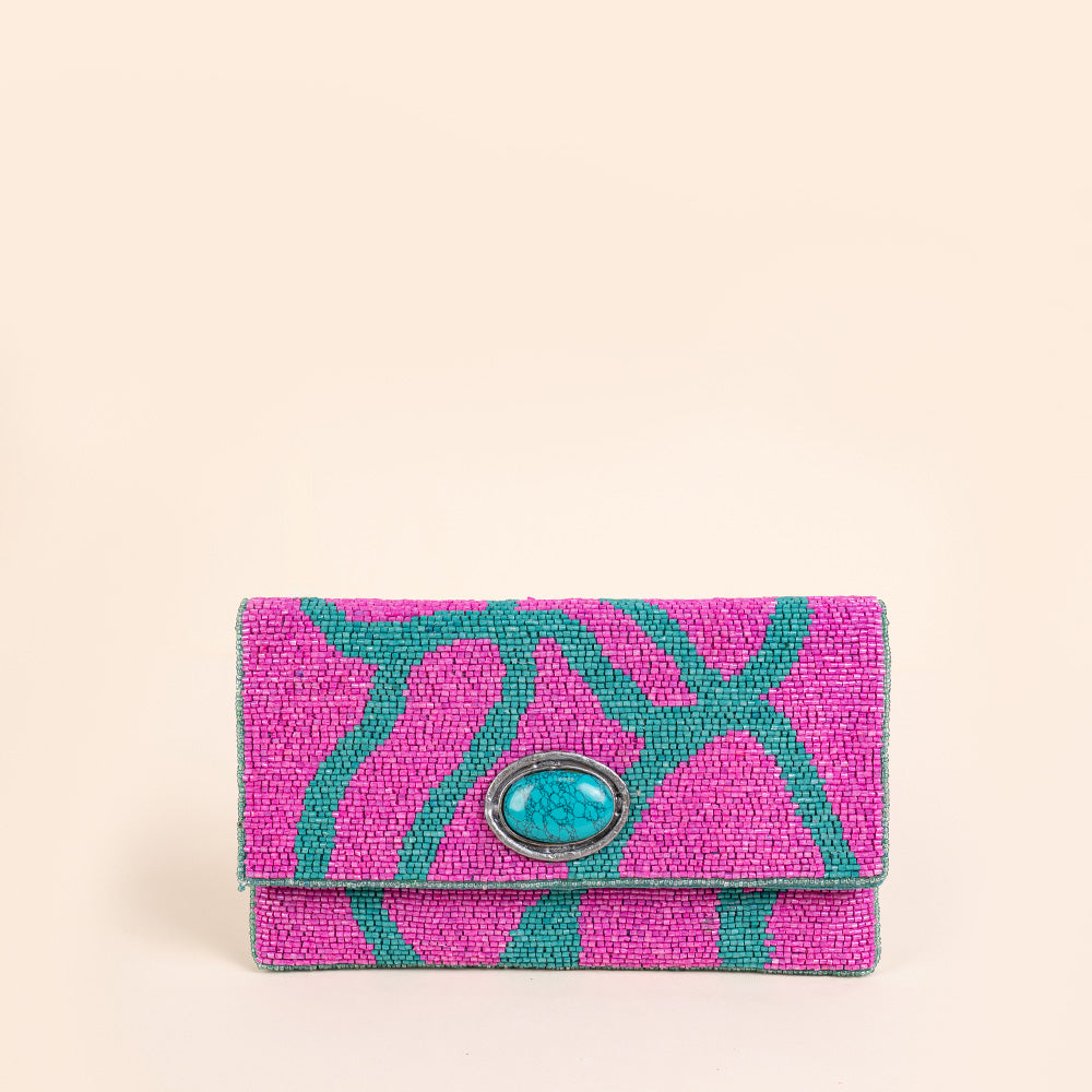 BORSA POCHETTE CLUTCH CON FRONTE DECORATO DA PERLINE E PIETRA CENTRALE