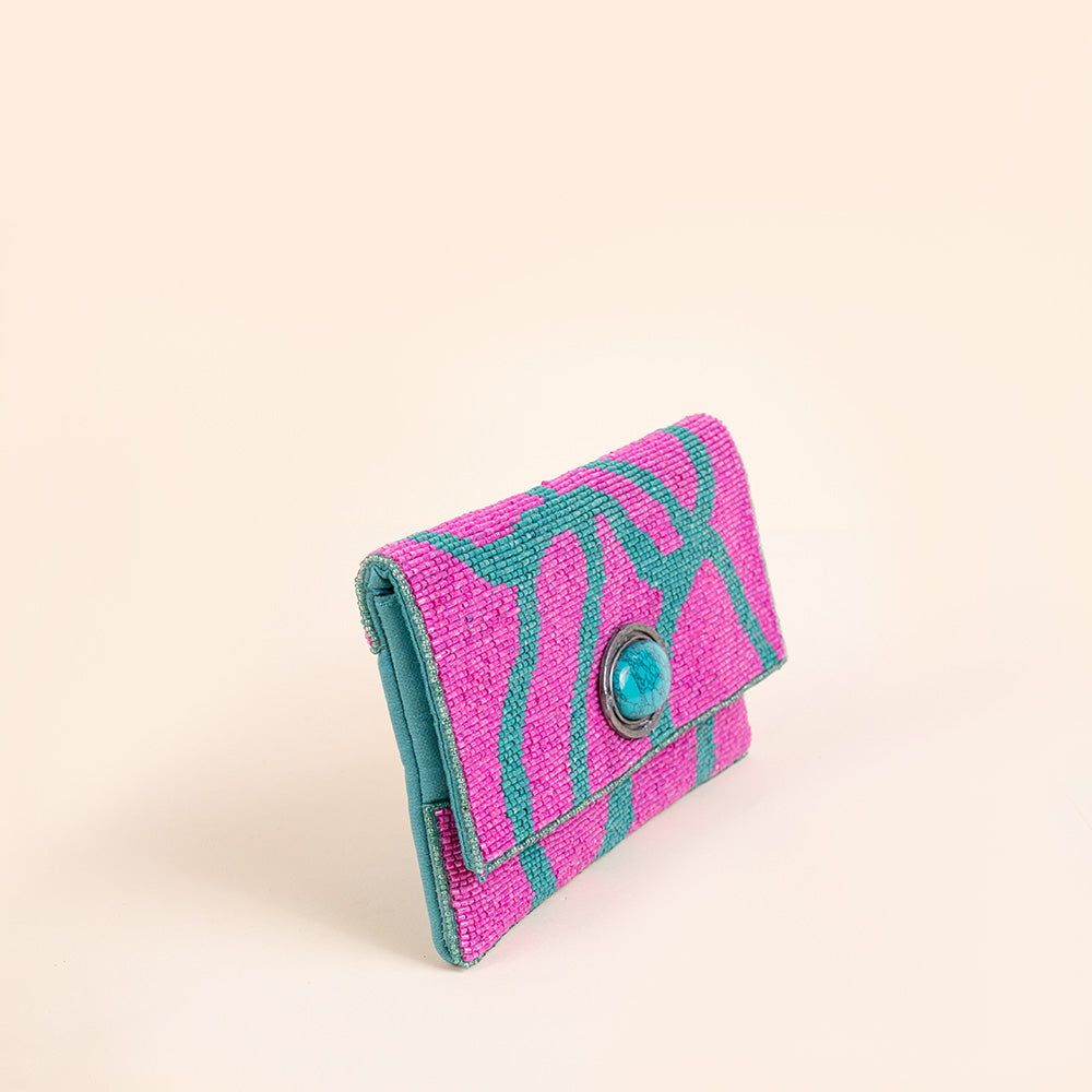 BORSA POCHETTE CLUTCH CON FRONTE DECORATO DA PERLINE E PIETRA CENTRALE