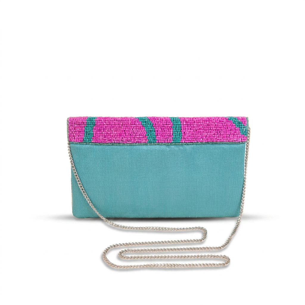 BORSA POCHETTE CLUTCH CON FRONTE DECORATO DA PERLINE E PIETRA CENTRALE