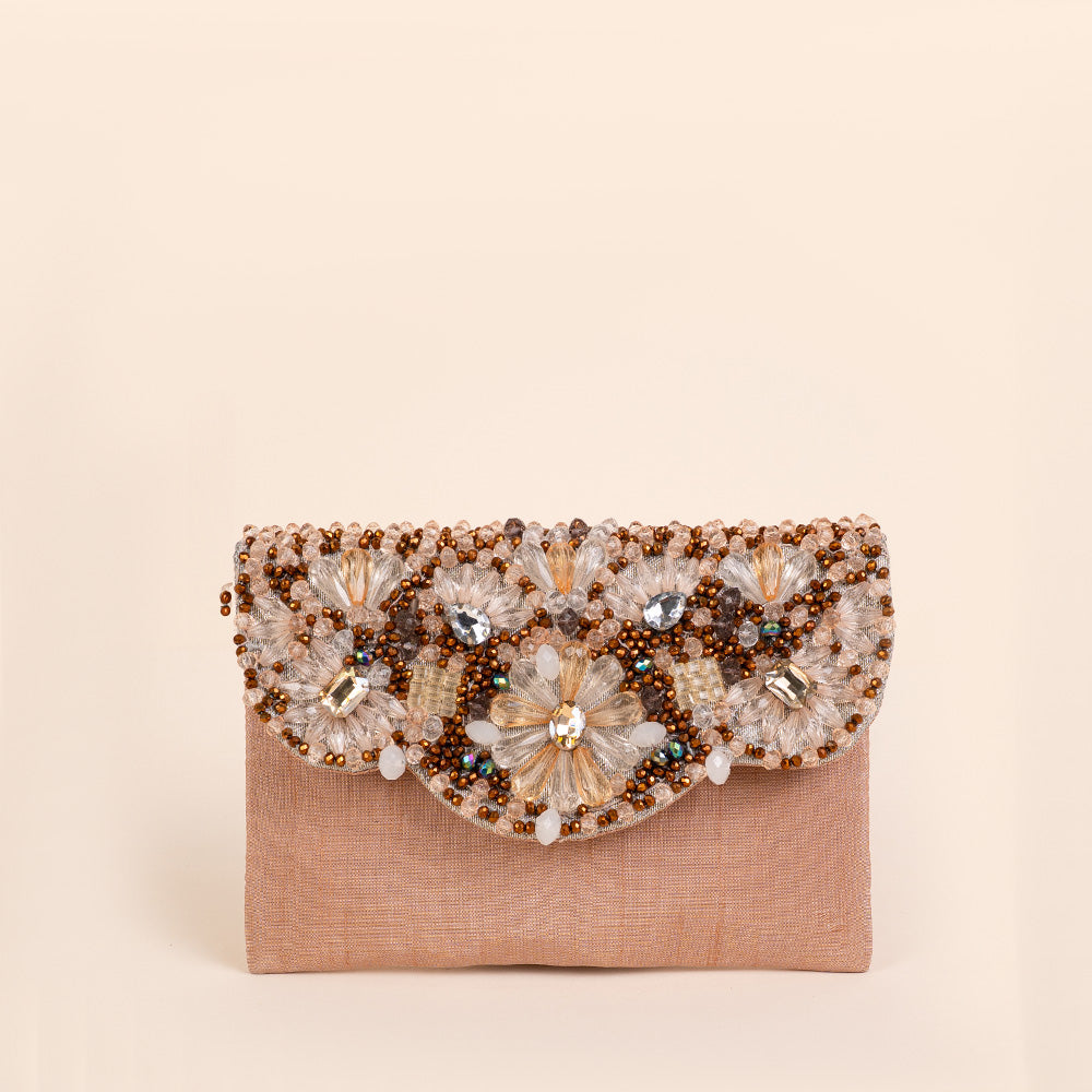 BORSA POCHETTE CLUTCH CON DECORAZIONE DI FIORI IN STRASS