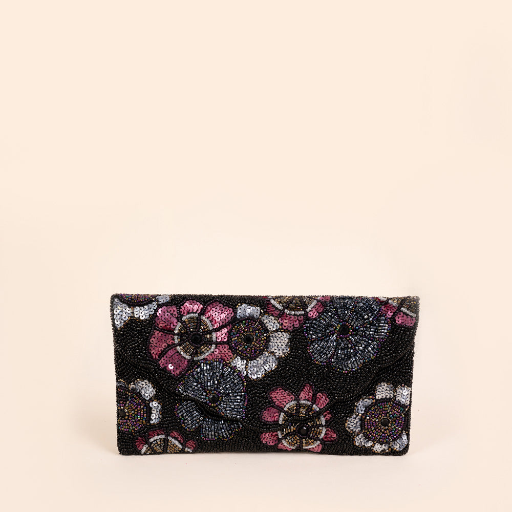BORSA POCHETTE CLUTCH CON DECORAZIONE DI FIORI IN STRASS