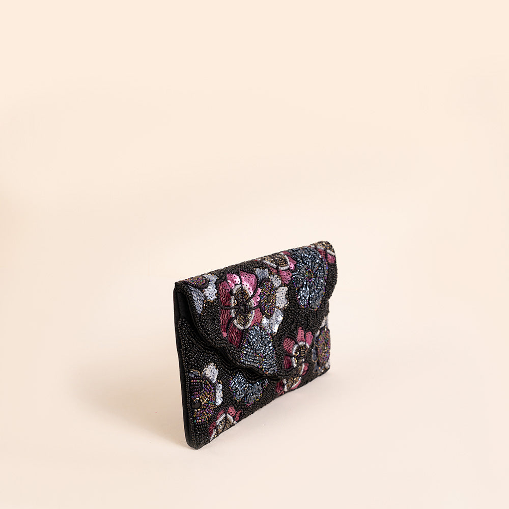 BORSA POCHETTE CLUTCH CON DECORAZIONE DI FIORI IN STRASS