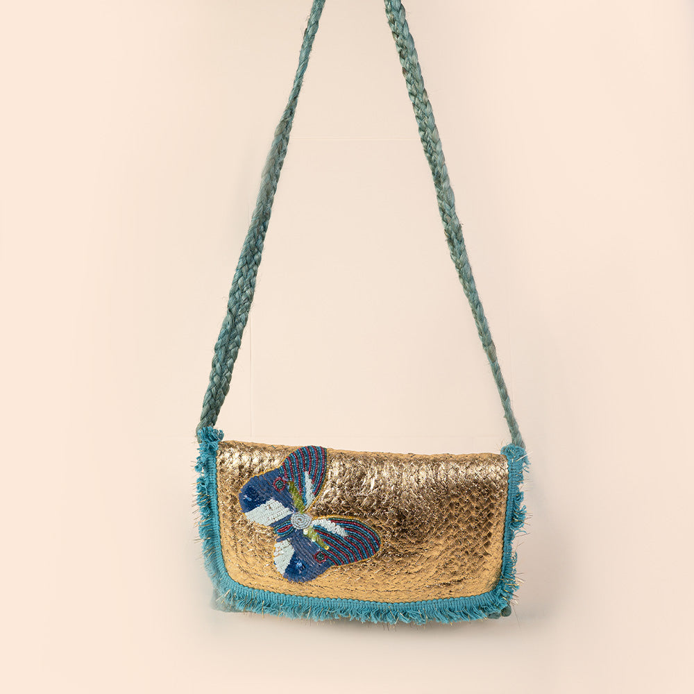 SHOULDER BAG WITH GOLD FRONT AND BEADED BUTTERFLY