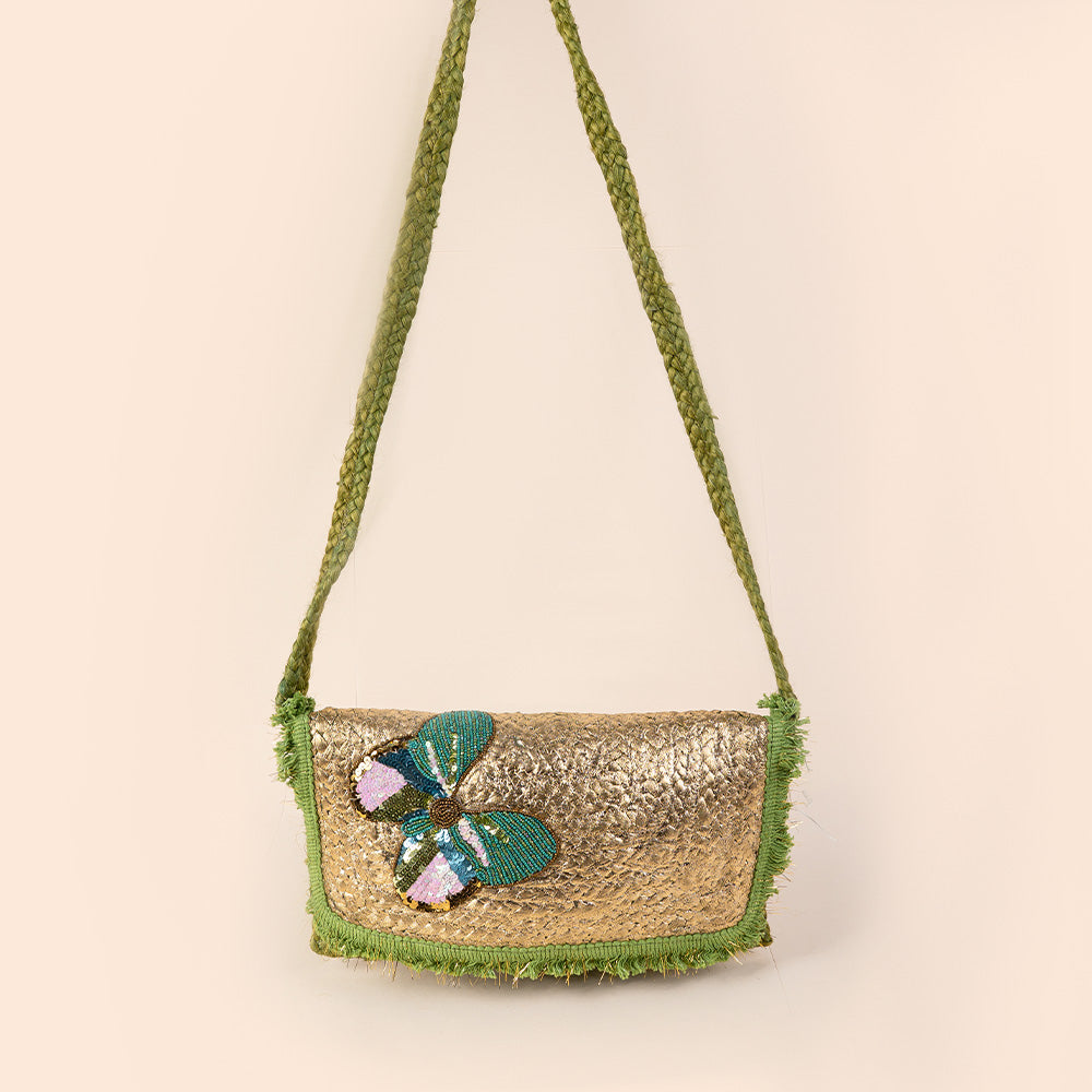 SHOULDER BAG WITH GOLD FRONT AND BEADED BUTTERFLY