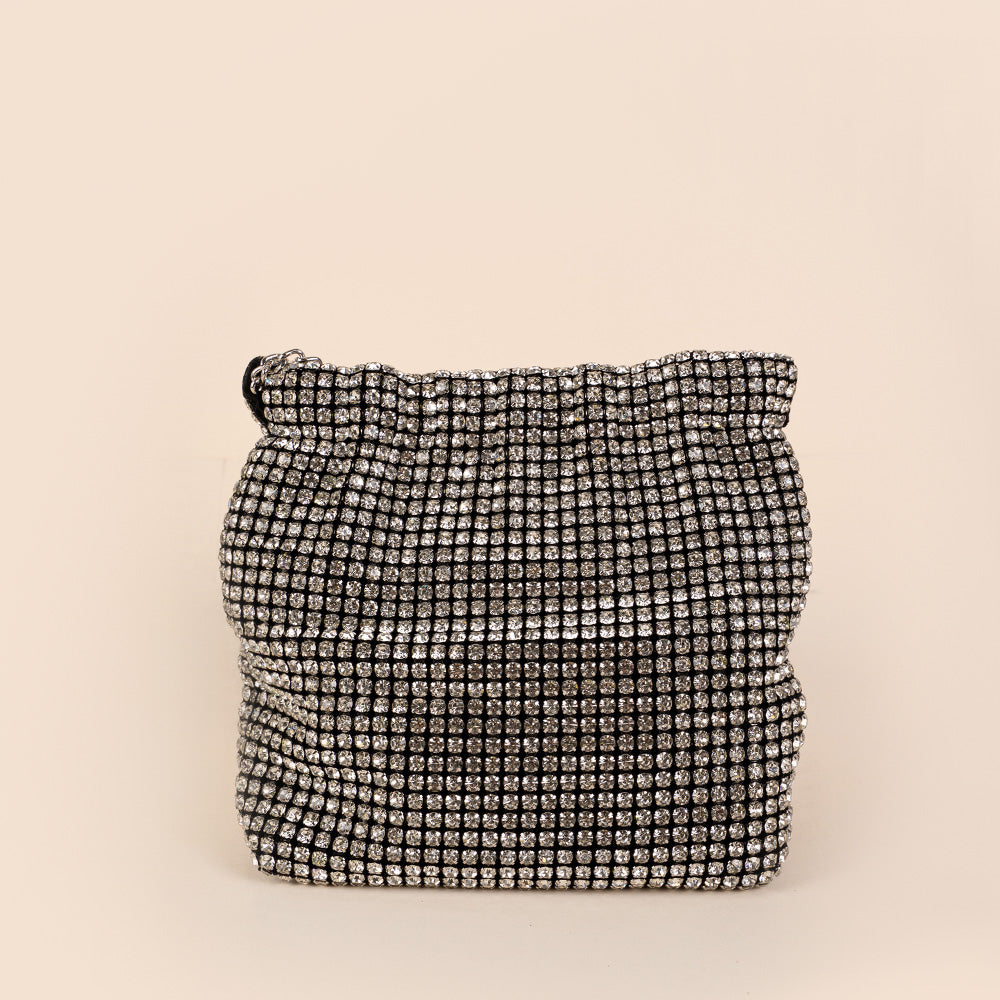 BORSA POCHETTE A SECCHIELLO CON STRASS COLORATI E DOPPIA TRACOLLA