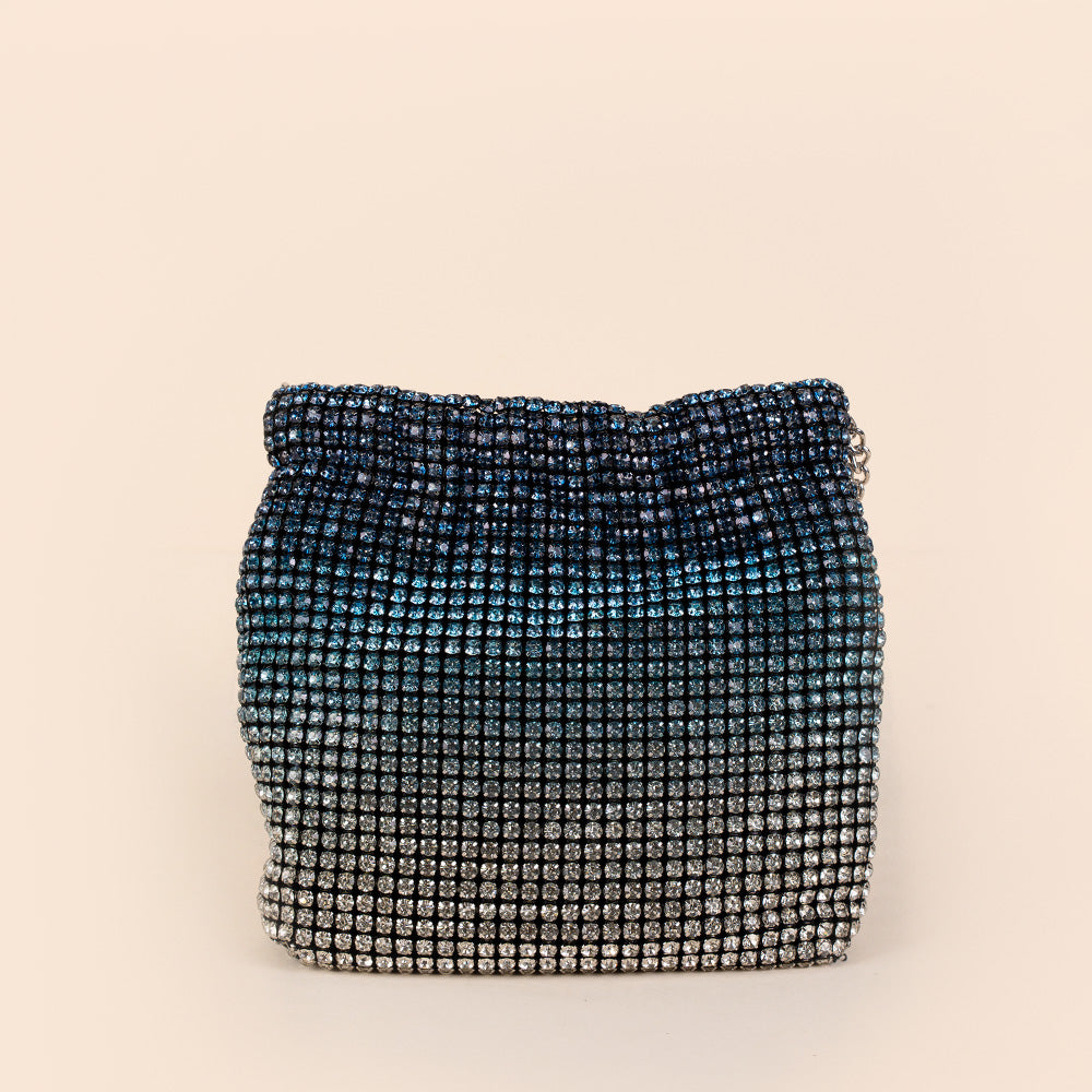 BORSA POCHETTE A SECCHIELLO CON STRASS COLORATI E DOPPIA TRACOLLA