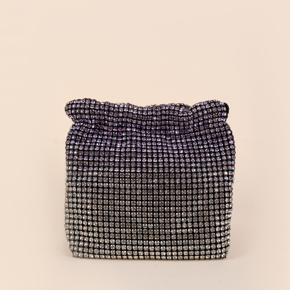 BORSA POCHETTE A SECCHIELLO CON STRASS COLORATI E DOPPIA TRACOLLA