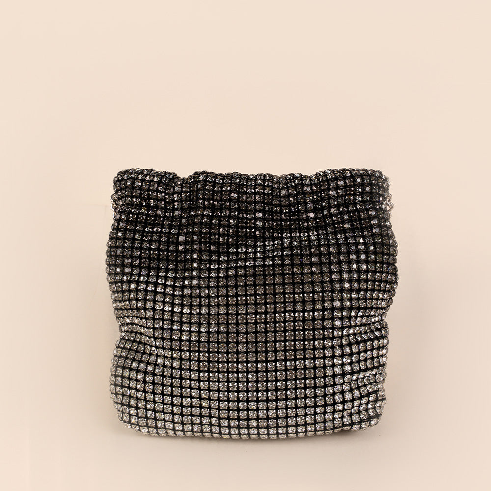 BORSA POCHETTE A SECCHIELLO CON STRASS COLORATI E DOPPIA TRACOLLA