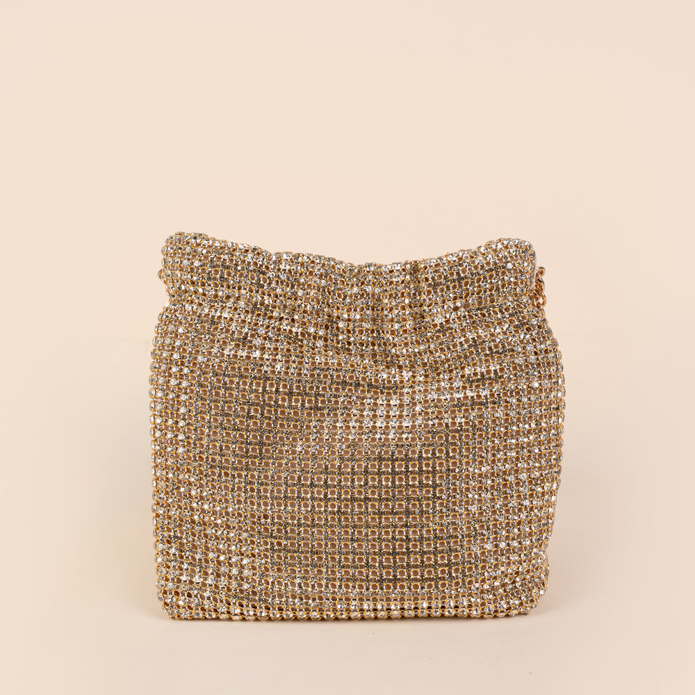 BORSA POCHETTE A SECCHIELLO CON STRASS COLORATI E DOPPIA TRACOLLA