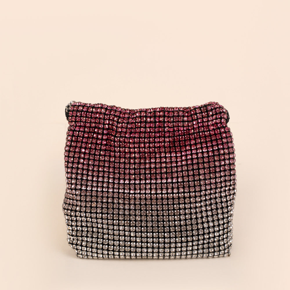 BORSA POCHETTE A SECCHIELLO CON STRASS COLORATI E DOPPIA TRACOLLA