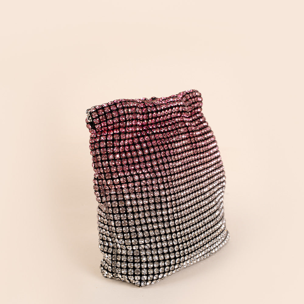 BORSA POCHETTE A SECCHIELLO CON STRASS COLORATI E DOPPIA TRACOLLA