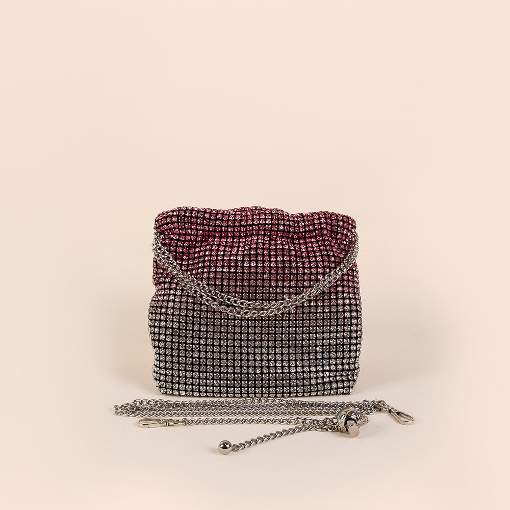 BORSA POCHETTE A SECCHIELLO CON STRASS COLORATI E DOPPIA TRACOLLA