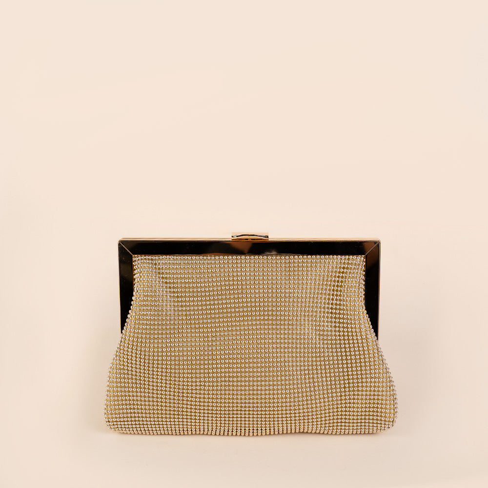 BORSA CLUTCH CON CHIUSURA A CLICK, TRAMA CON MINI BORCHIE E TRACOLLA