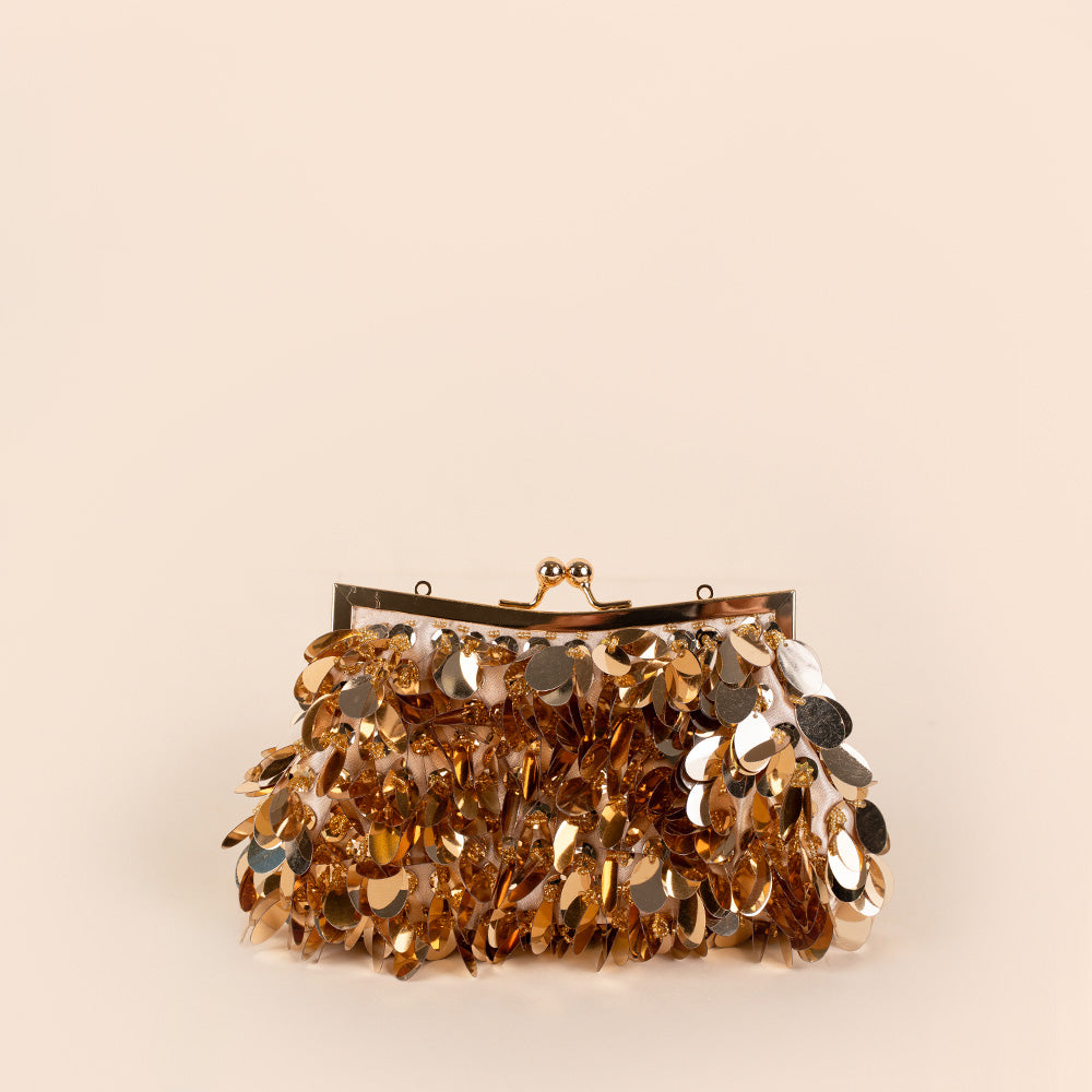 BORSA POCHETTE CON PAILLETES GRANDI E PERLINE