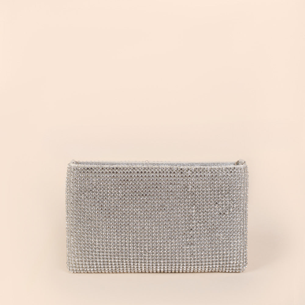 BORSA POCHETTE A BUSTINA CON STRASS E TRACOLLA A CATENA