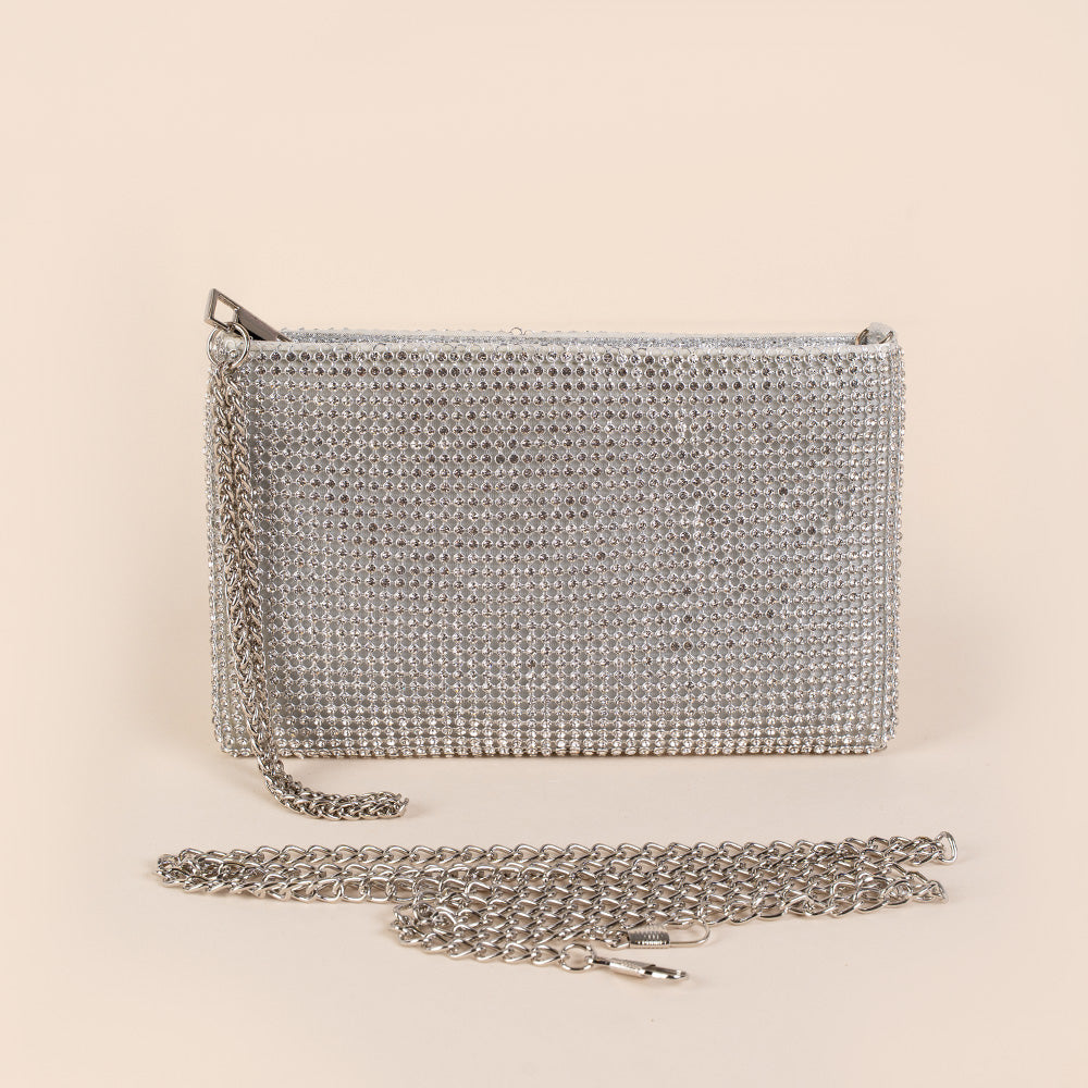 BORSA POCHETTE A BUSTINA CON STRASS E TRACOLLA A CATENA