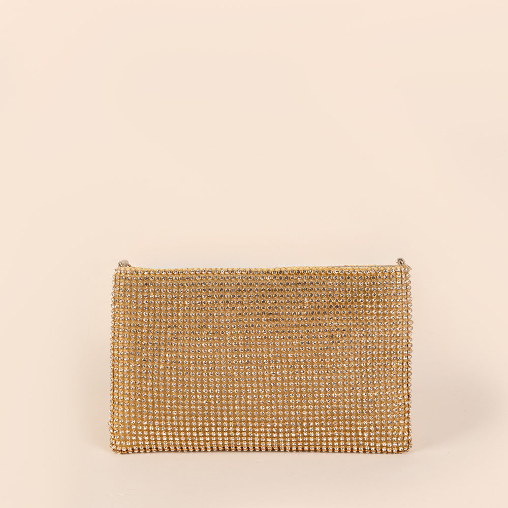 BORSA POCHETTE A BUSTINA CON STRASS E TRACOLLA A CATENA