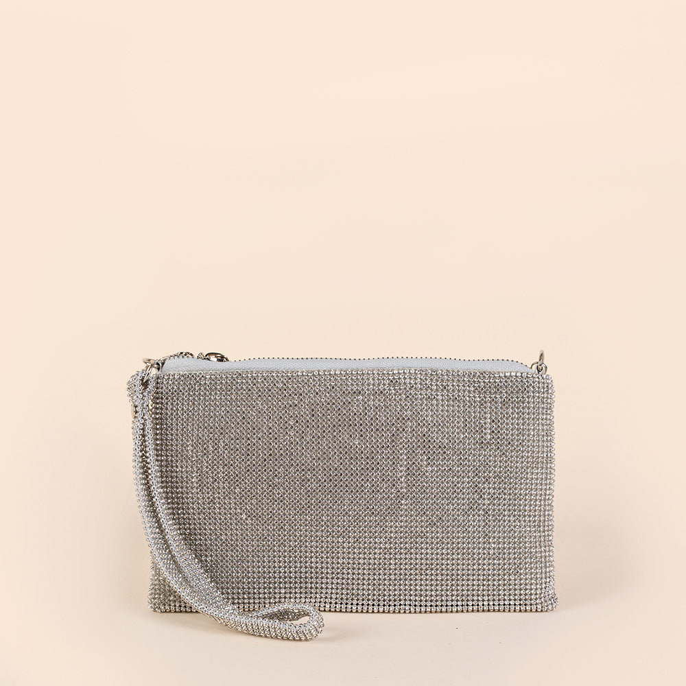 BORSA POCHETTE A BUSTINA CON STRASS, POLSINO E TRACOLLA A CATENA