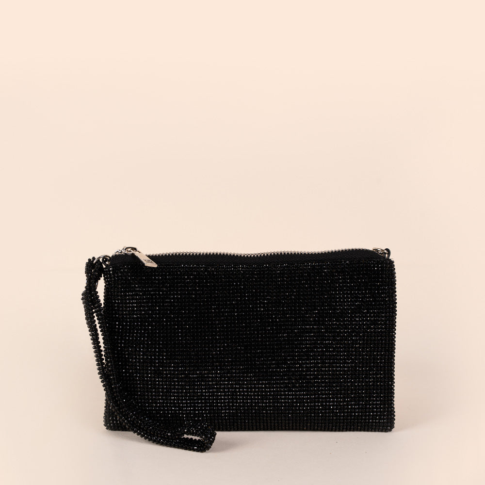 BORSA POCHETTE A BUSTINA CON STRASS, POLSINO E TRACOLLA A CATENA