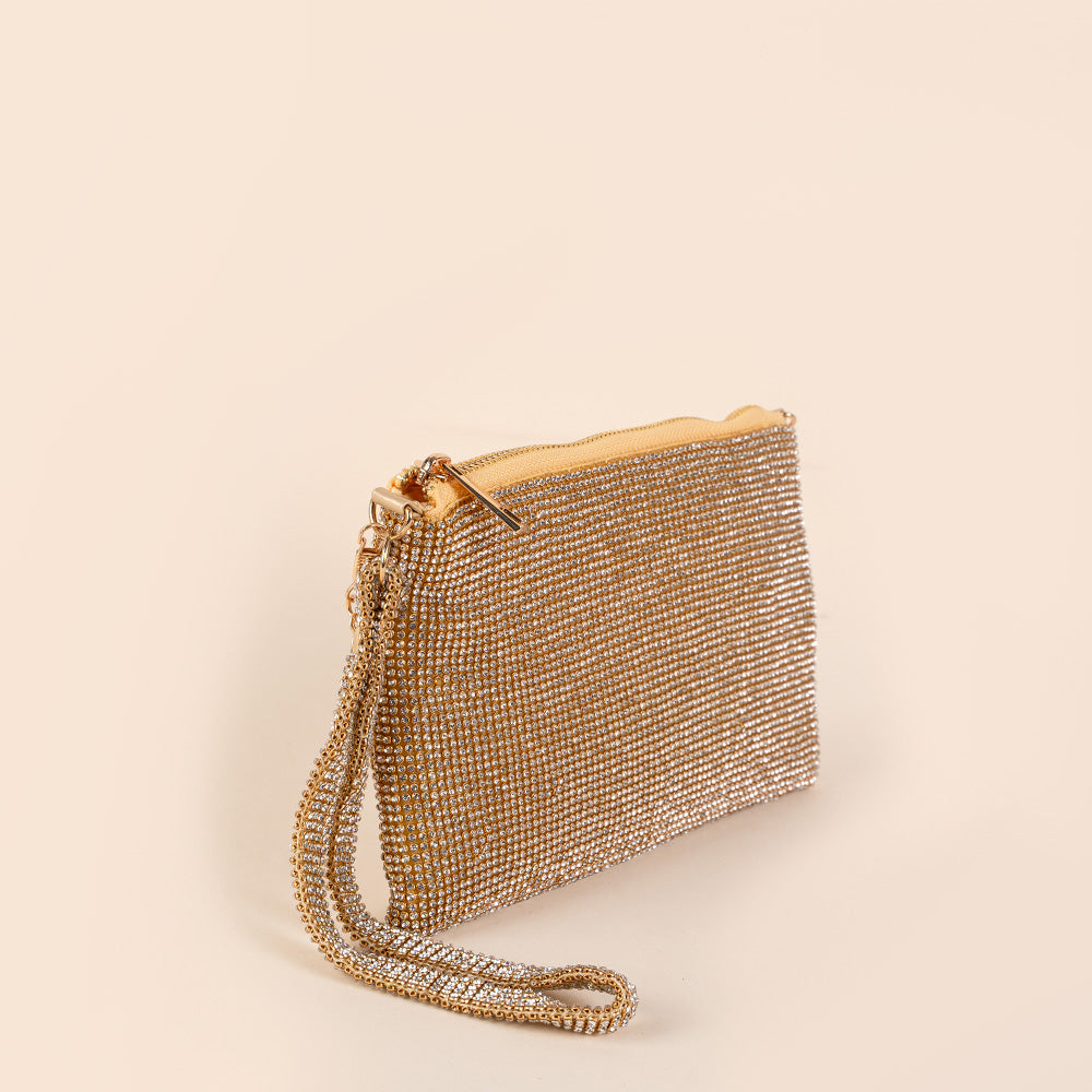 BORSA POCHETTE A BUSTINA CON STRASS, POLSINO E TRACOLLA A CATENA