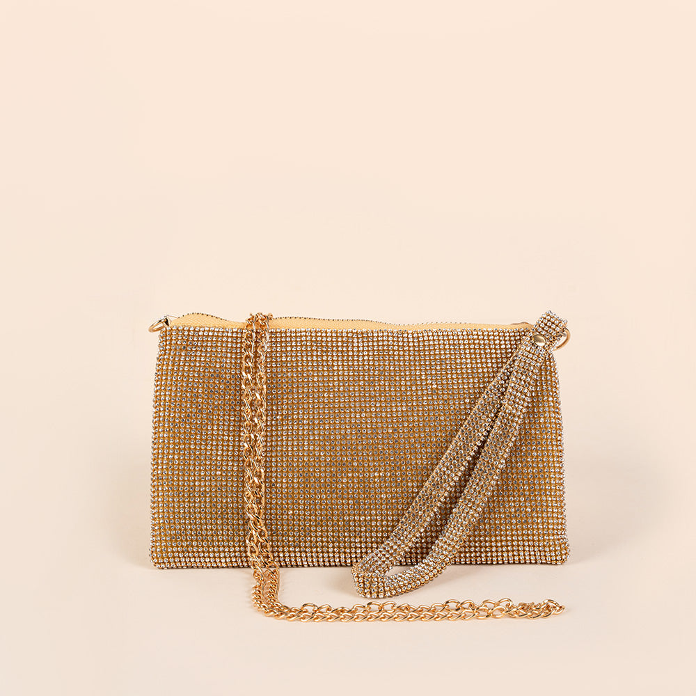 BORSA POCHETTE A BUSTINA CON STRASS, POLSINO E TRACOLLA A CATENA