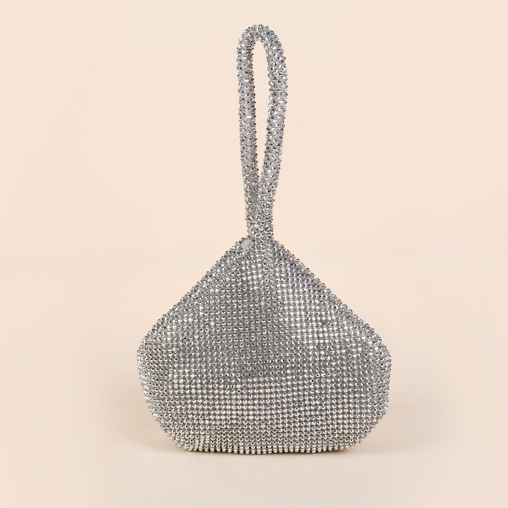 BORSA POCHETTE A SACCHETTO TRIANGOLARE CON CHIUSURA A CALAMITA E POLSINO