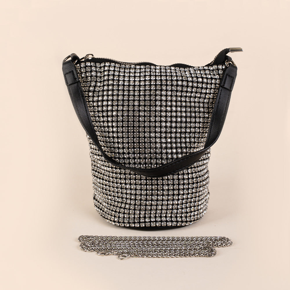 BORSA POCHETTE A SECCHIELLO CON STRASS GRANDI