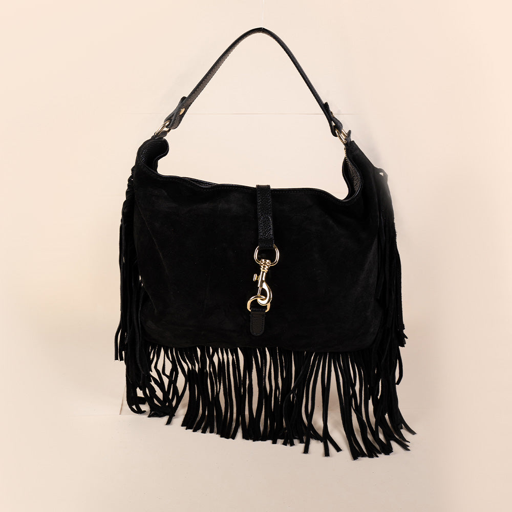 BORSA A SPALLA CON FRANGE , MOSCHETTONE E TRACOLLA